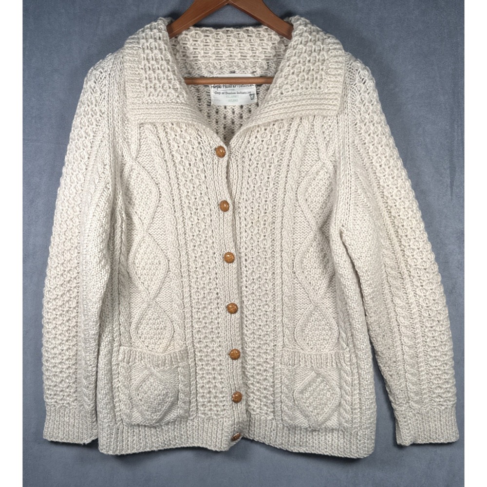 Vintage Purple Heather Handknit Irish Aran Wool Cardigan Sweater Ireland